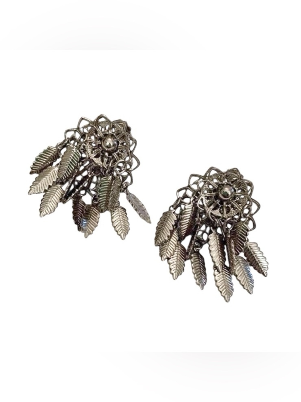 Vintage Clip-On Silver Floral Leaf Drop Earrings